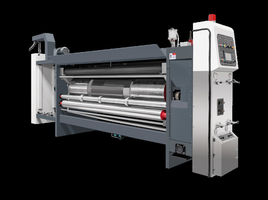 Cartão ondulado G6-1224 Estrutura de alimentação livre de pressão Estrutura de borda de chumbo Transferência de vácuo 4 Impressora a cores + Slotter + Cutter Die + Vibrator + Stacker