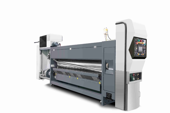 Tudo controlado por computador G6-1224 Cartão corrugado Pressão de alimentação livre Estrutura de borda de chumbo Transferência de vácuo 4 Impressora a cores + Slotter + Cutter Die + Vibrator + Stacker