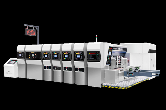 Cartão corrugado G6-0920 Todos controlados por computador Pressão Estrutura de alimentação livre Estrutura de borda de chumbo Transferência de vácuo 4 impressora a cores + Slotter + Cutter Die + Vibrator + Stacker