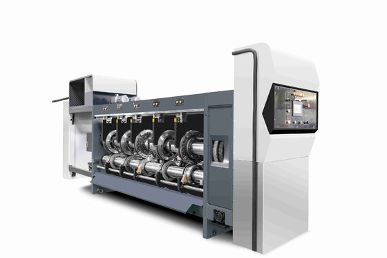 380V/50HZ/3PH Cartão corrugado livre de pressão G6-1224 Estrutura de alimentação Estrutura de borda de chumbo Transferência de vácuo 4 Impressora a cores + Slotter + Cutter Die + Vibrator + Stacker