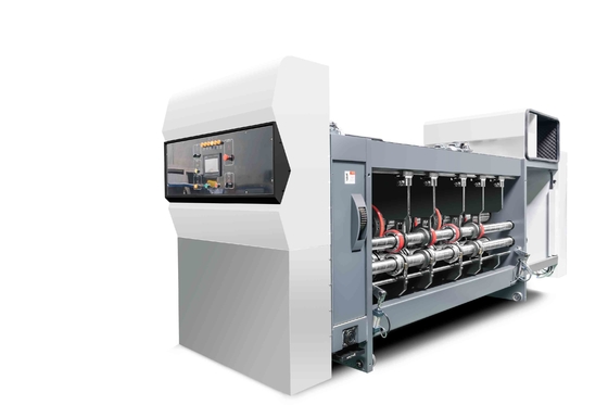Cor Branca G6-1224 Cartão corrugado Pressão livre Estrutura de alimentação Estrutura de borda de chumbo Transferência de vácuo 4 Impressora a cores + Slotter + Cutter Die + Vibrator + Stacker