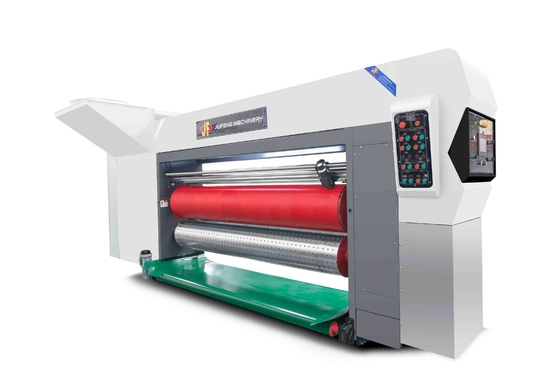 Tudo controlado por computador G6-1224 Cartão corrugado Pressão de alimentação livre Estrutura de borda de chumbo Transferência de vácuo 4 Impressora a cores + Slotter + Cutter Die + Vibrator + Stacker