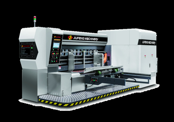 Cartão corrugado G6-1224 Todo controlado por computador Pressão livre Estrutura de alimentação Estrutura de borda de chumbo Transferência de vácuo 4 Impressora a cores + Slotter + Cutter Die + Vibrator + Stacker